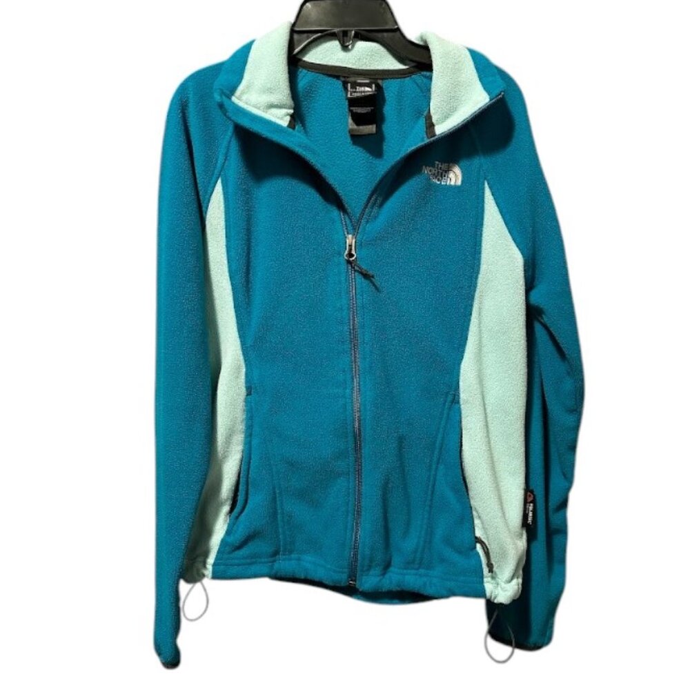 North Face Blue Teal Color Block Zip up Sweatshirt Cinch Waistband Women's Small